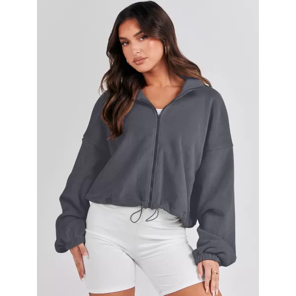 imageANRABESS Womens Full Zip Cropped Fleece Sherpa Jackets Oversized Long Sleeve Workout 2023 Fall Winter Coats OutwearDark Grey