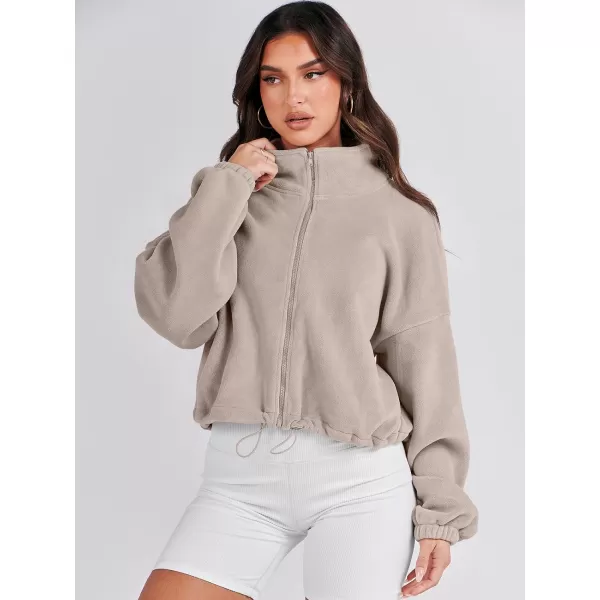 imageANRABESS Womens Full Zip Cropped Fleece Sherpa Jackets Oversized Long Sleeve Workout 2023 Fall Winter Coats OutwearKhaki