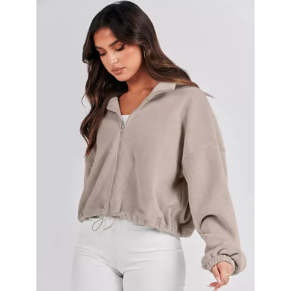 imageANRABESS Womens Full Zip Cropped Fleece Sherpa Jackets Oversized Long Sleeve Workout 2023 Fall Winter Coats OutwearKhaki
