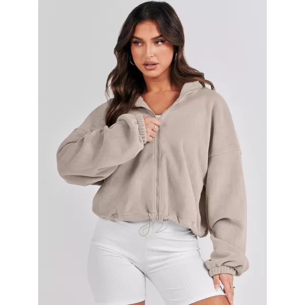 imageANRABESS Womens Full Zip Cropped Fleece Sherpa Jackets Oversized Long Sleeve Workout 2023 Fall Winter Coats OutwearKhaki
