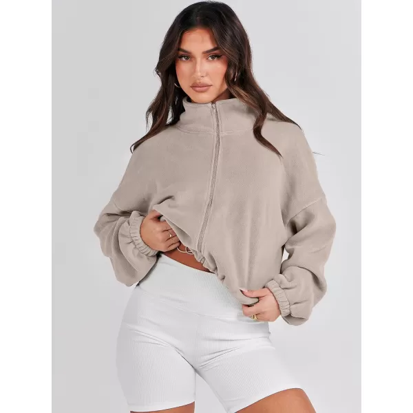 imageANRABESS Womens Full Zip Cropped Fleece Sherpa Jackets Oversized Long Sleeve Workout 2023 Fall Winter Coats OutwearKhaki