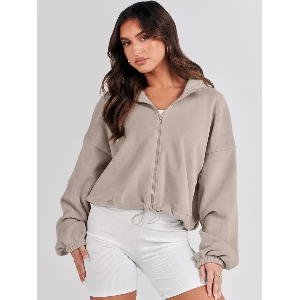 imageANRABESS Womens Full Zip Cropped Fleece Sherpa Jackets Oversized Long Sleeve Workout 2023 Fall Winter Coats OutwearKhaki
