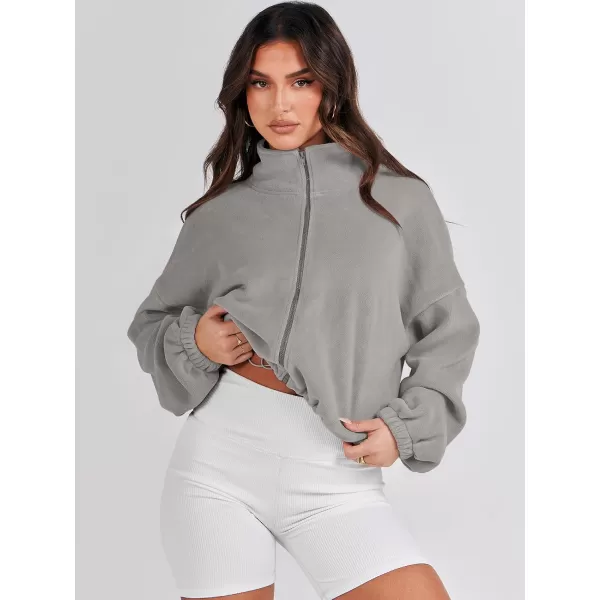 imageANRABESS Womens Full Zip Cropped Fleece Sherpa Jackets Oversized Long Sleeve Workout 2023 Fall Winter Coats OutwearLight Grey