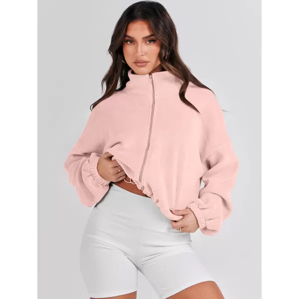 imageANRABESS Womens Full Zip Cropped Fleece Sherpa Jackets Oversized Long Sleeve Workout 2023 Fall Winter Coats OutwearLight Pink