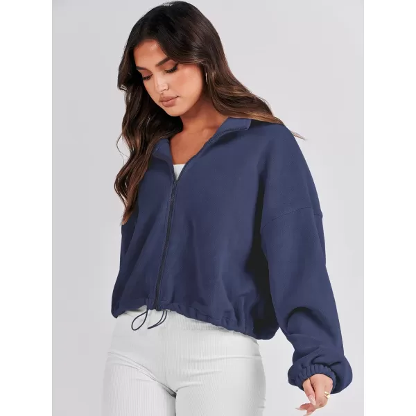 imageANRABESS Womens Full Zip Cropped Fleece Sherpa Jackets Oversized Long Sleeve Workout 2023 Fall Winter Coats OutwearNavy Blue