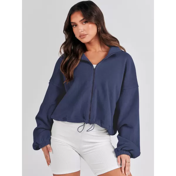 imageANRABESS Womens Full Zip Cropped Fleece Sherpa Jackets Oversized Long Sleeve Workout 2023 Fall Winter Coats OutwearNavy Blue