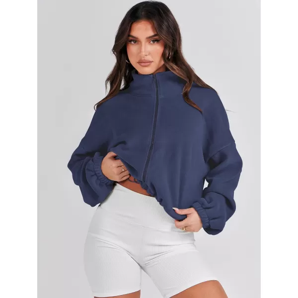 imageANRABESS Womens Full Zip Cropped Fleece Sherpa Jackets Oversized Long Sleeve Workout 2023 Fall Winter Coats OutwearNavy Blue