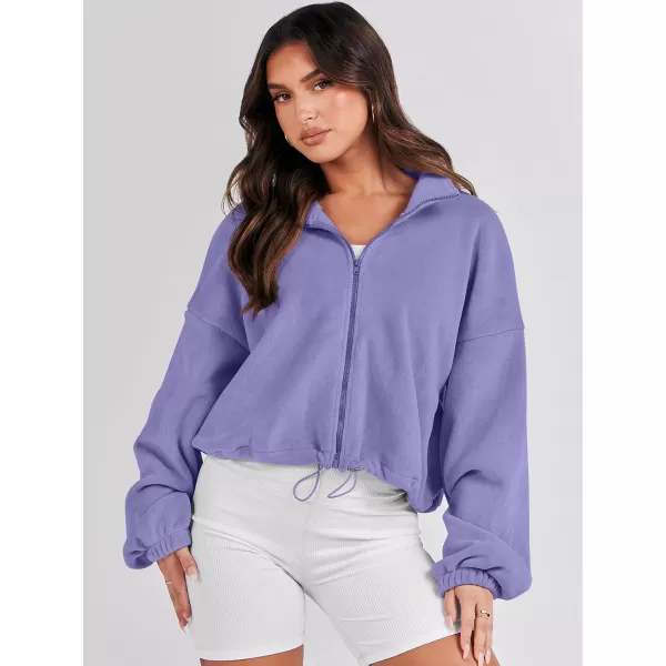 imageANRABESS Womens Full Zip Cropped Fleece Sherpa Jackets Oversized Long Sleeve Workout 2023 Fall Winter Coats OutwearPurple