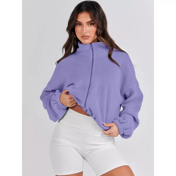 imageANRABESS Womens Full Zip Cropped Fleece Sherpa Jackets Oversized Long Sleeve Workout 2023 Fall Winter Coats OutwearPurple