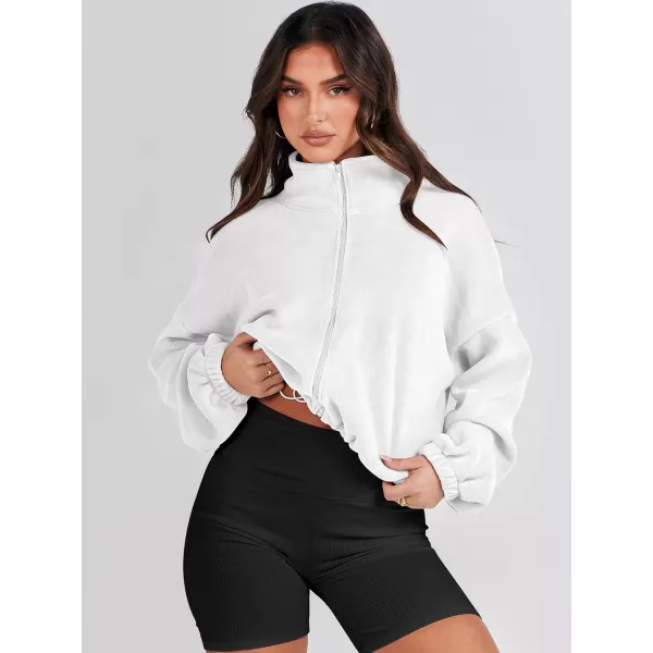 imageANRABESS Womens Full Zip Cropped Fleece Sherpa Jackets Oversized Long Sleeve Workout 2023 Fall Winter Coats OutwearWhite