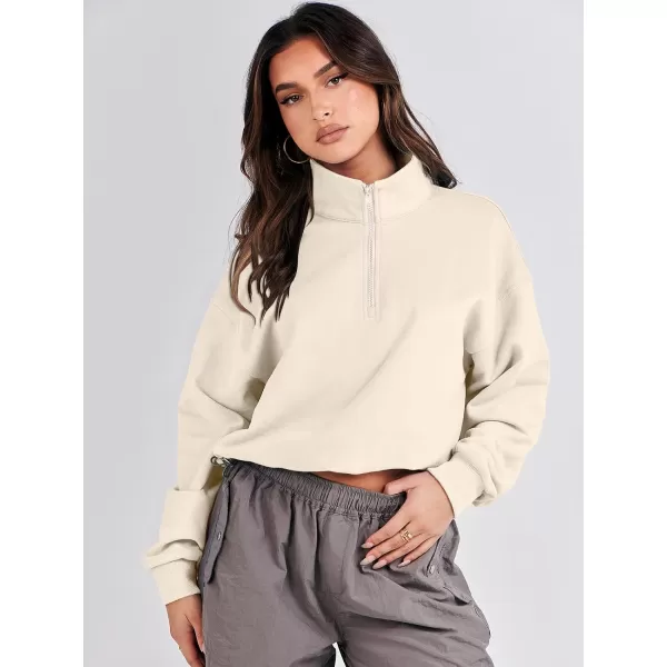 imageANRABESS Womens Half Zip Crop Sweatshirt Workout Hoodie High Neck Long Sleeve Athletic ClothesApricot