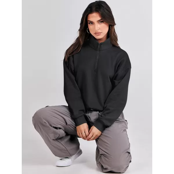 imageANRABESS Womens Half Zip Crop Sweatshirt Workout Hoodie High Neck Long Sleeve Athletic ClothesBlack