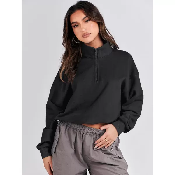 imageANRABESS Womens Half Zip Crop Sweatshirt Workout Hoodie High Neck Long Sleeve Athletic ClothesBlack