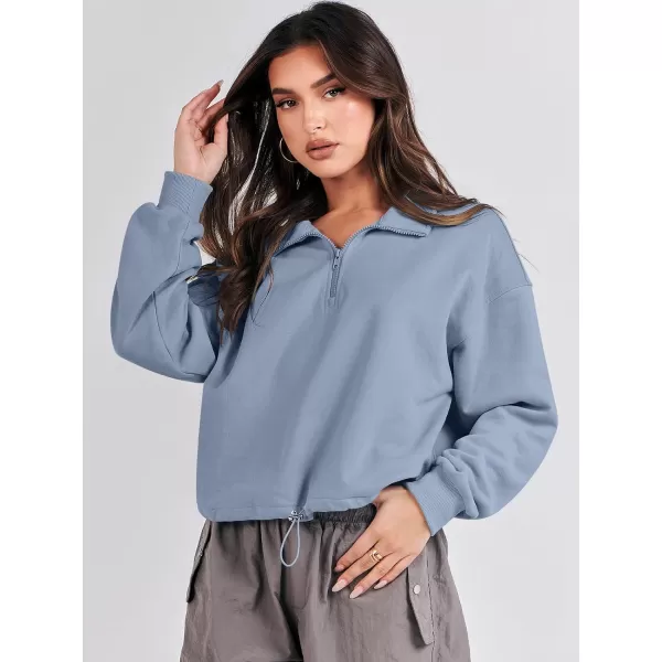 imageANRABESS Womens Half Zip Crop Sweatshirt Workout Hoodie High Neck Long Sleeve Athletic ClothesBlue