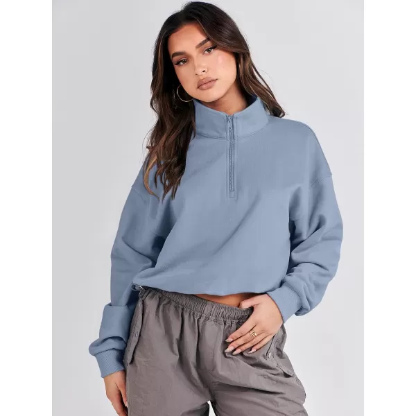 imageANRABESS Womens Half Zip Crop Sweatshirt Workout Hoodie High Neck Long Sleeve Athletic ClothesBlue