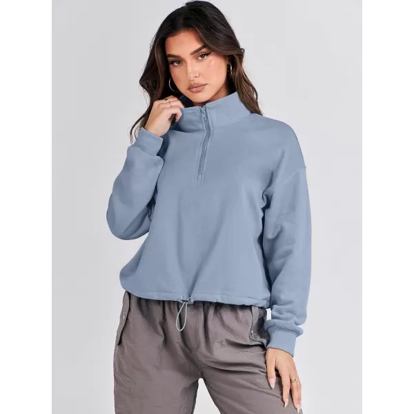 imageANRABESS Womens Half Zip Crop Sweatshirt Workout Hoodie High Neck Long Sleeve Athletic ClothesBlue