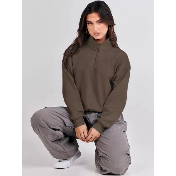 imageANRABESS Womens Half Zip Crop Sweatshirt Workout Hoodie High Neck Long Sleeve Athletic ClothesBrown