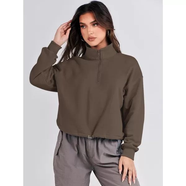 imageANRABESS Womens Half Zip Crop Sweatshirt Workout Hoodie High Neck Long Sleeve Athletic ClothesBrown