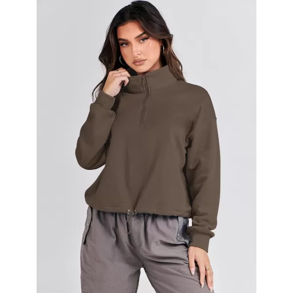 imageANRABESS Womens Half Zip Crop Sweatshirt Workout Hoodie High Neck Long Sleeve Athletic ClothesBrown