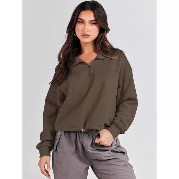 imageANRABESS Womens Half Zip Crop Sweatshirt Workout Hoodie High Neck Long Sleeve Athletic ClothesBrown