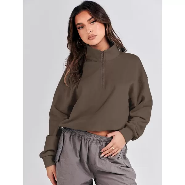 imageANRABESS Womens Half Zip Crop Sweatshirt Workout Hoodie High Neck Long Sleeve Athletic ClothesBrown