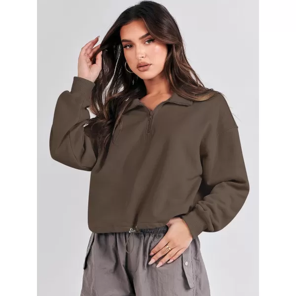imageANRABESS Womens Half Zip Crop Sweatshirt Workout Hoodie High Neck Long Sleeve Athletic ClothesBrown