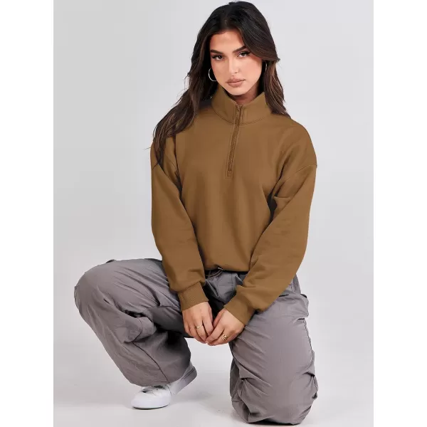 imageANRABESS Womens Half Zip Crop Sweatshirt Workout Hoodie High Neck Long Sleeve Athletic ClothesDeep Camel