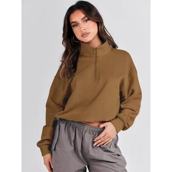 imageANRABESS Womens Half Zip Crop Sweatshirt Workout Hoodie High Neck Long Sleeve Athletic ClothesDeep Camel