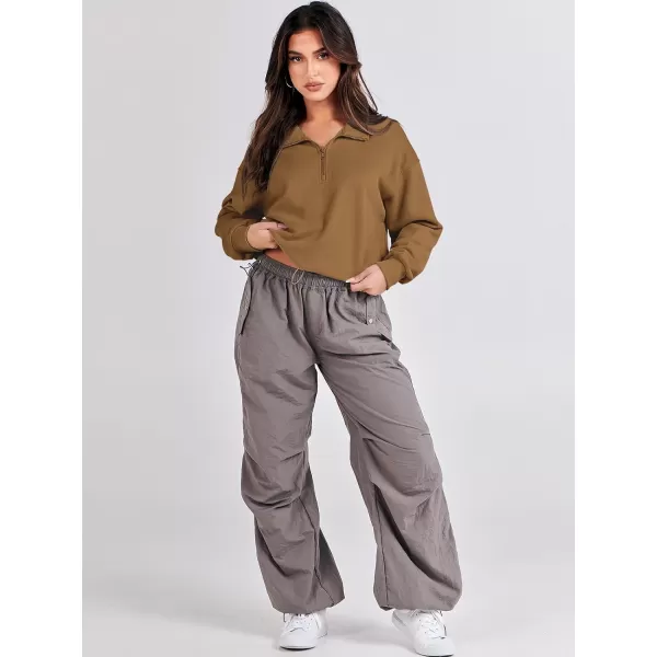 imageANRABESS Womens Half Zip Crop Sweatshirt Workout Hoodie High Neck Long Sleeve Athletic ClothesDeep Camel