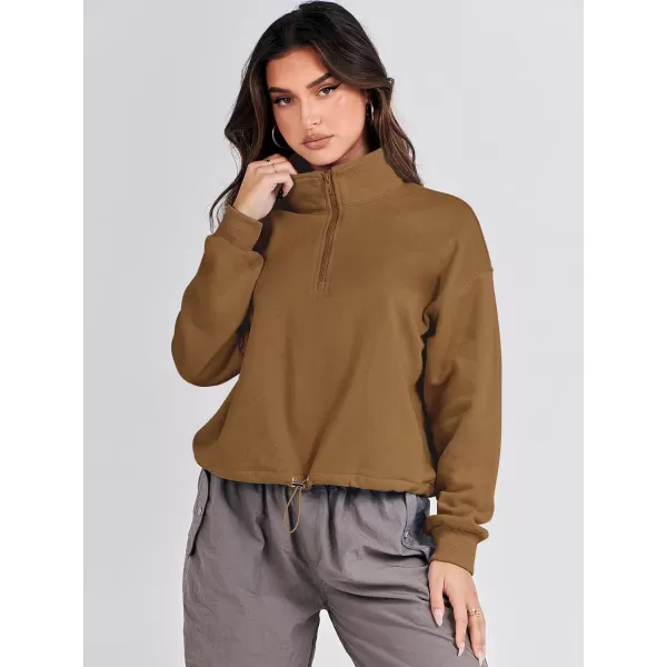 imageANRABESS Womens Half Zip Crop Sweatshirt Workout Hoodie High Neck Long Sleeve Athletic ClothesDeep Camel