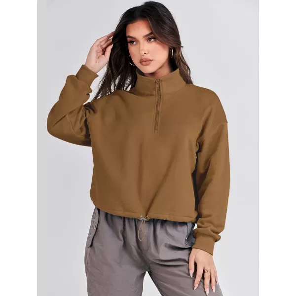 imageANRABESS Womens Half Zip Crop Sweatshirt Workout Hoodie High Neck Long Sleeve Athletic ClothesDeep Camel