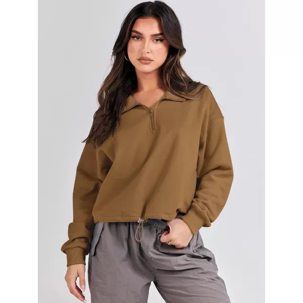 imageANRABESS Womens Half Zip Crop Sweatshirt Workout Hoodie High Neck Long Sleeve Athletic ClothesDeep Camel