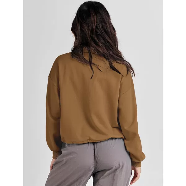 imageANRABESS Womens Half Zip Crop Sweatshirt Workout Hoodie High Neck Long Sleeve Athletic ClothesDeep Camel