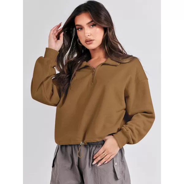 imageANRABESS Womens Half Zip Crop Sweatshirt Workout Hoodie High Neck Long Sleeve Athletic ClothesDeep Camel
