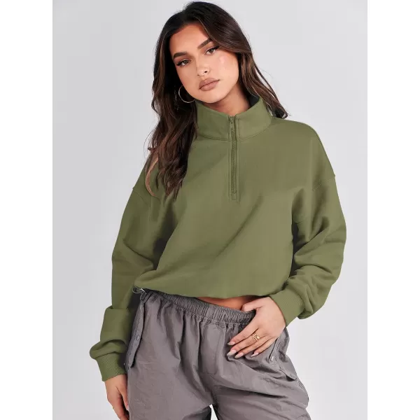 imageANRABESS Womens Half Zip Crop Sweatshirt Workout Hoodie High Neck Long Sleeve Athletic ClothesGreen