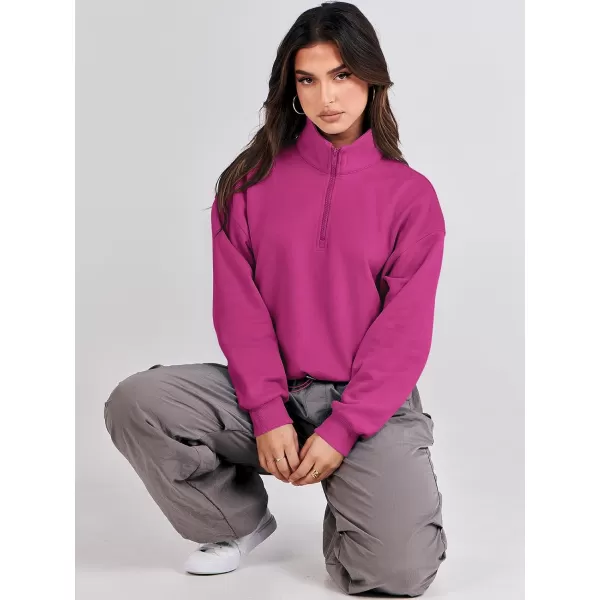 imageANRABESS Womens Half Zip Crop Sweatshirt Workout Hoodie High Neck Long Sleeve Athletic ClothesHot Pink