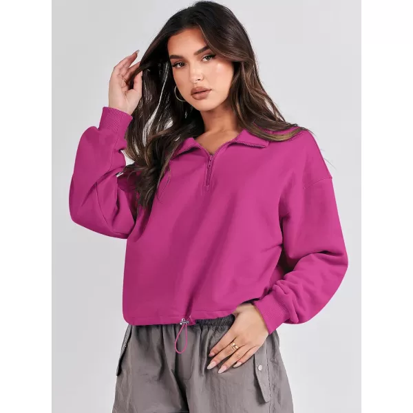 imageANRABESS Womens Half Zip Crop Sweatshirt Workout Hoodie High Neck Long Sleeve Athletic ClothesHot Pink