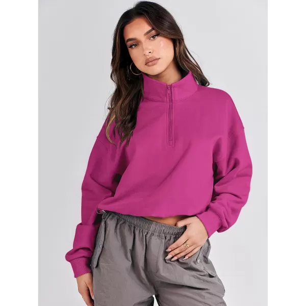 imageANRABESS Womens Half Zip Crop Sweatshirt Workout Hoodie High Neck Long Sleeve Athletic ClothesHot Pink