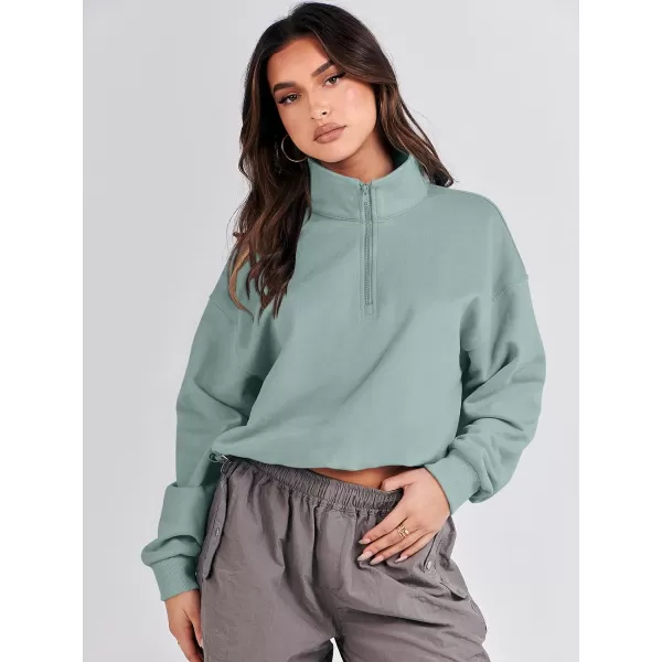 imageANRABESS Womens Half Zip Crop Sweatshirt Workout Hoodie High Neck Long Sleeve Athletic ClothesLight Green