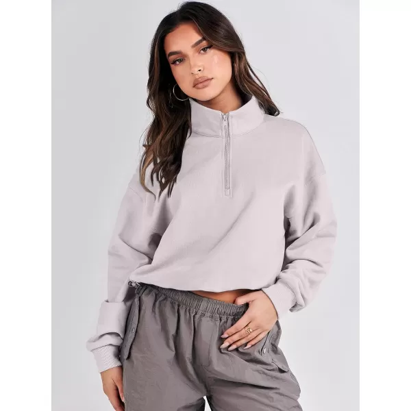imageANRABESS Womens Half Zip Crop Sweatshirt Workout Hoodie High Neck Long Sleeve Athletic ClothesLight Grey