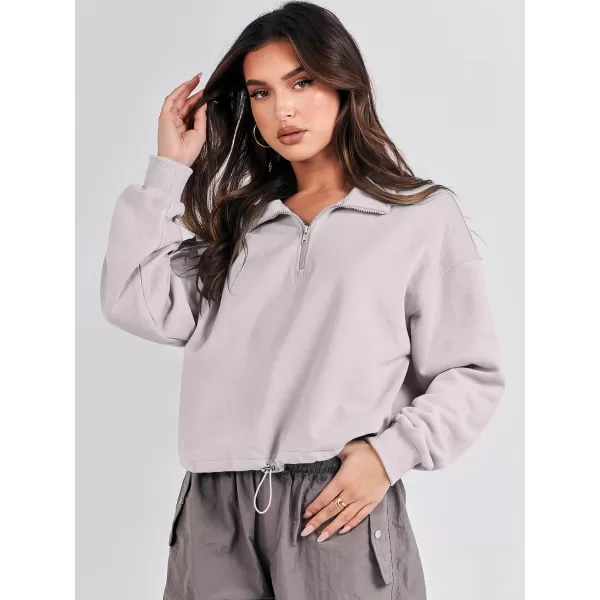 imageANRABESS Womens Half Zip Crop Sweatshirt Workout Hoodie High Neck Long Sleeve Athletic ClothesLight Grey