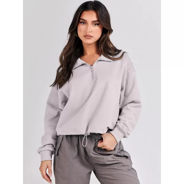 imageANRABESS Womens Half Zip Crop Sweatshirt Workout Hoodie High Neck Long Sleeve Athletic ClothesLight Grey