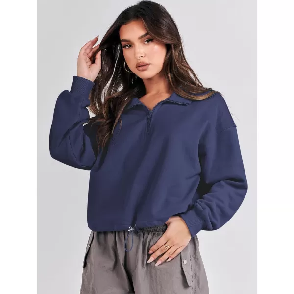 imageANRABESS Womens Half Zip Crop Sweatshirt Workout Hoodie High Neck Long Sleeve Athletic ClothesNavy Blue