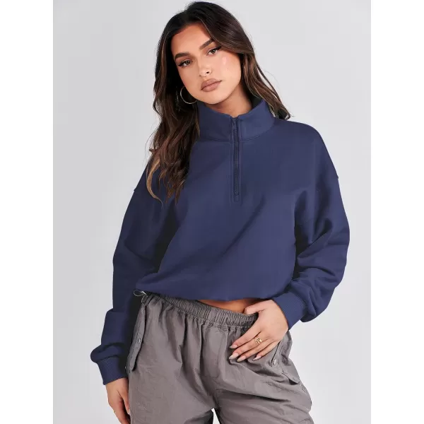 imageANRABESS Womens Half Zip Crop Sweatshirt Workout Hoodie High Neck Long Sleeve Athletic ClothesNavy Blue