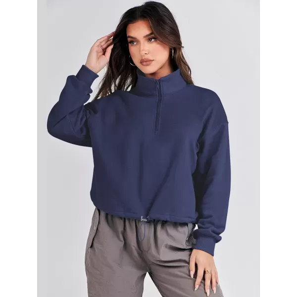 imageANRABESS Womens Half Zip Crop Sweatshirt Workout Hoodie High Neck Long Sleeve Athletic ClothesNavy Blue