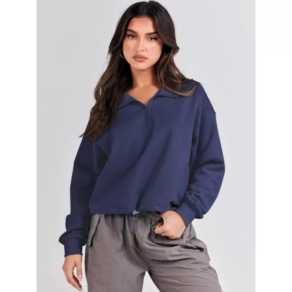 imageANRABESS Womens Half Zip Crop Sweatshirt Workout Hoodie High Neck Long Sleeve Athletic ClothesNavy Blue