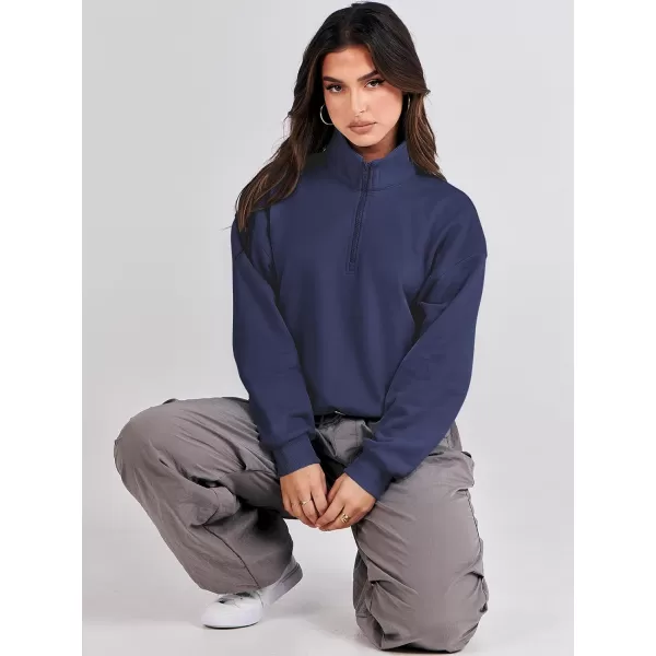 imageANRABESS Womens Half Zip Crop Sweatshirt Workout Hoodie High Neck Long Sleeve Athletic ClothesNavy Blue