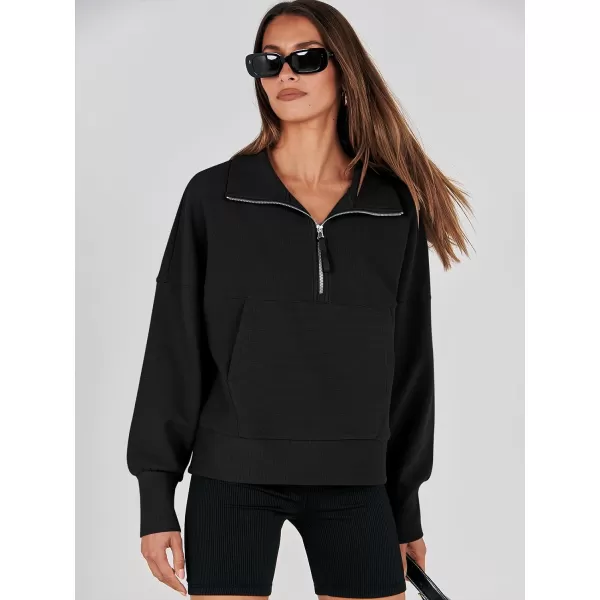imageANRABESS Womens Half Zip Sweatshirt Cropped Pullover Casual Fleece Ribbed Knit Top 2023 Fall Fashion Sweater HoodiesBlack