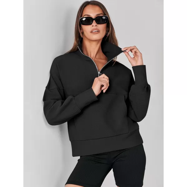 imageANRABESS Womens Half Zip Sweatshirt Cropped Pullover Casual Fleece Ribbed Knit Top 2023 Fall Fashion Sweater HoodiesBlack