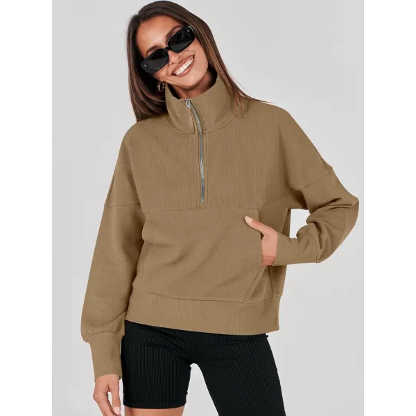 imageANRABESS Womens Half Zip Sweatshirt Cropped Pullover Casual Fleece Ribbed Knit Top 2023 Fall Fashion Sweater HoodiesKhaki